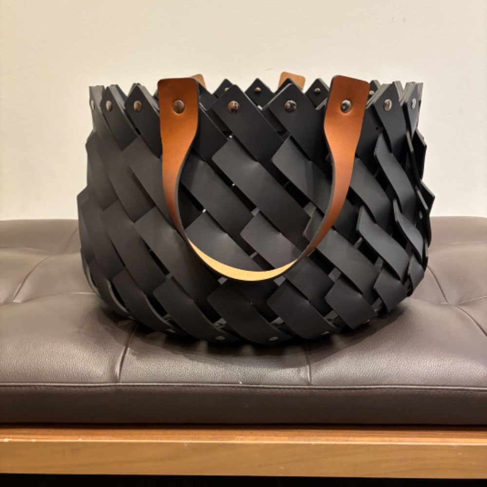 Medium Braided Leather Basket With Handles Black
